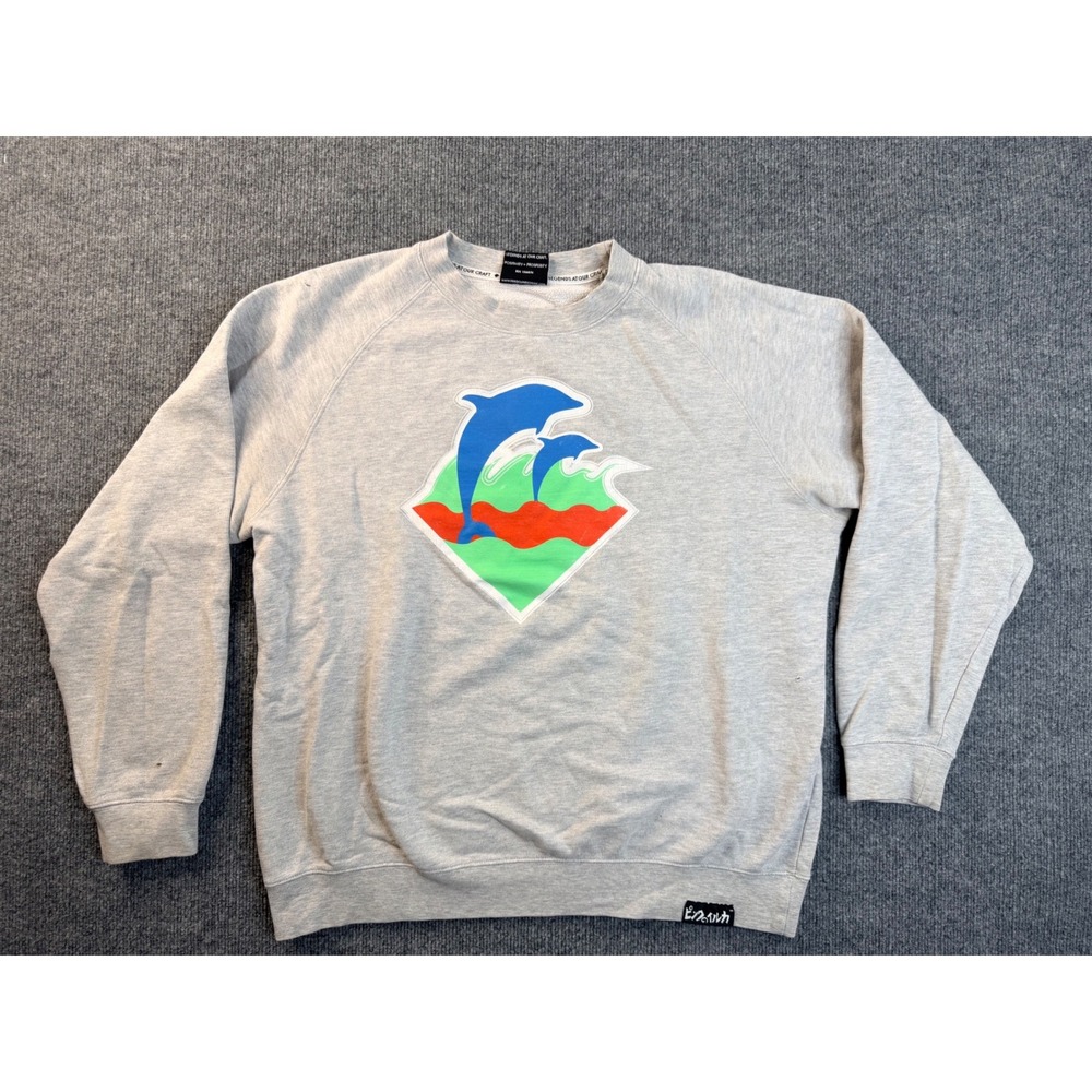 Pink Dolphin Mens XL Gray Graphic Crewneck Sweatshirt Streetwear Y2K Fleece Hole